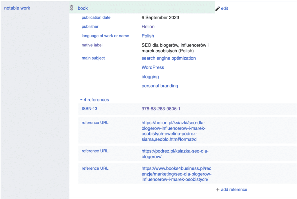 Wikidata krok po kroku. Jak dostać się do bazy, na której Google trenuje modele językowe? Wikidata - przykład notable work - Ewelina Podrez-siama