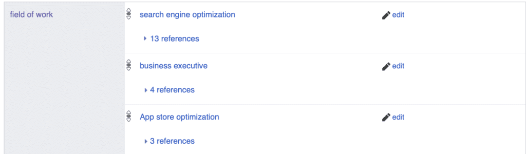 Wikidata krok po kroku. Jak dostać się do bazy, na której Google trenuje modele językowe? Wikidata - przykład referencji dla "field of work" - Ewelina Podrez-Siama