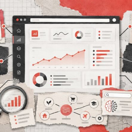 Kolaż: panel analityczny połączony z kartami różnych tematów – ilustracja do wpisu o Topics Portfolio w Bing Webmaster Tools